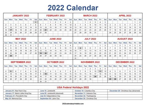 2022 Calendar With Usa Federal Holidays Holiday Calendar Calendar