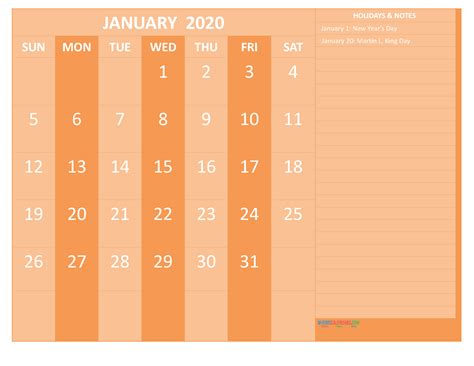 January 2020 Calendar With Holidays Free Printable By Word