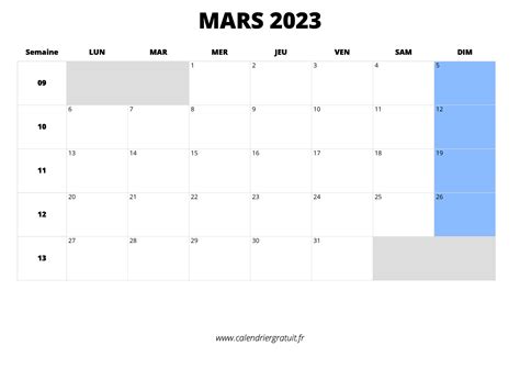 Calendrier Mars 2023 à Imprimer