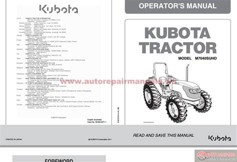 Kubota Tractor M7040 M6040 M8540 M9540 Caboperators Manual Auto