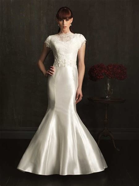 Modest Fitted Mermaid High Neck Cap Sleeve Taffeta Beaded Lace Wedding