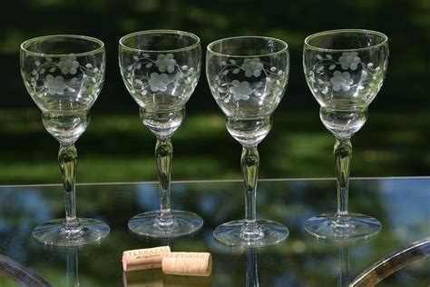 fabulous vintage floral etched wine glasses set of 4 antique wine glasses tall etched wine