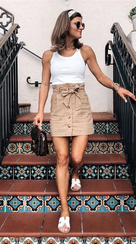 Stylish Look Beige Skirt White Top Bag Slides Summer Outfits Women 30s Summer Outfits