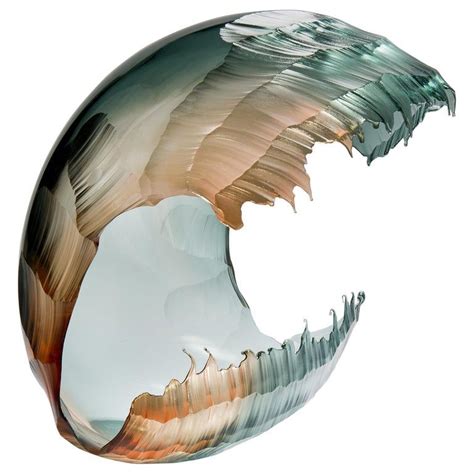 North Sea Morning Wave Form A Teal And Apricot Glass Sculpture By