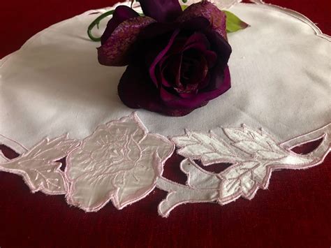 Pink Vintage Napkin With Satin Rose And Cutwork Embroidery Etsy In