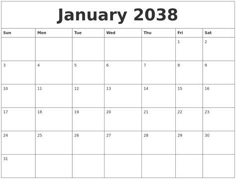 January 2038 Custom Printable Calendar