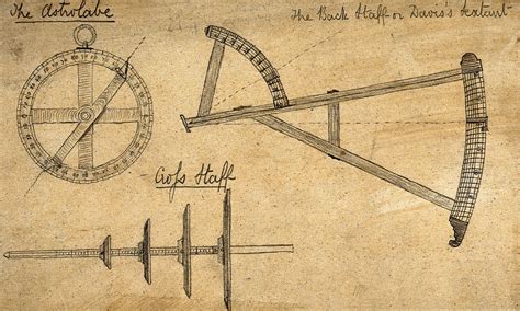 navigation an astrolabe a cross staff and a back staff or davis s sextant drawing after