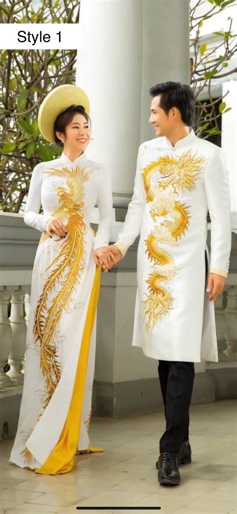 gorgeous beaded white vietnamese wedding ao dai with phoenix dragon bird patterns couple or single
