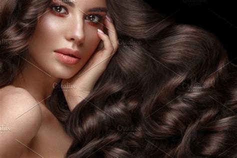 Beautiful Brunette Model Curls Classic Makeup And Full Lips The Beauty