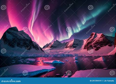 Aurora Borealis Over Snowy Mountains In The Northern Lights Stock