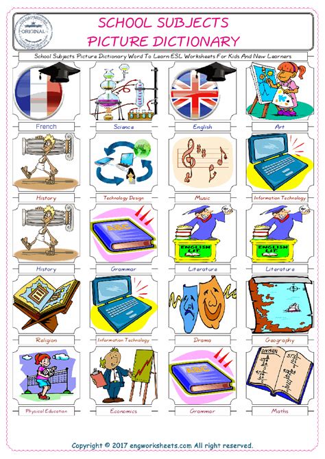 School Subjects Esl Printable Picture Dictionary Worksheet For Kids