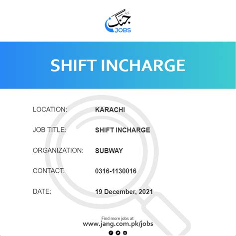 Shift Incharge Job Subway Jobs In Karachi 31499