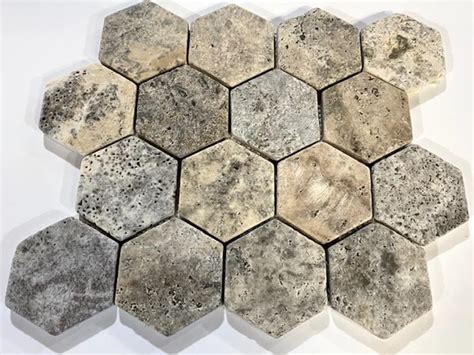 Silver Travertine 3 Hexagon Tumbled Marble Mosaic Tile Mosaic Tiles