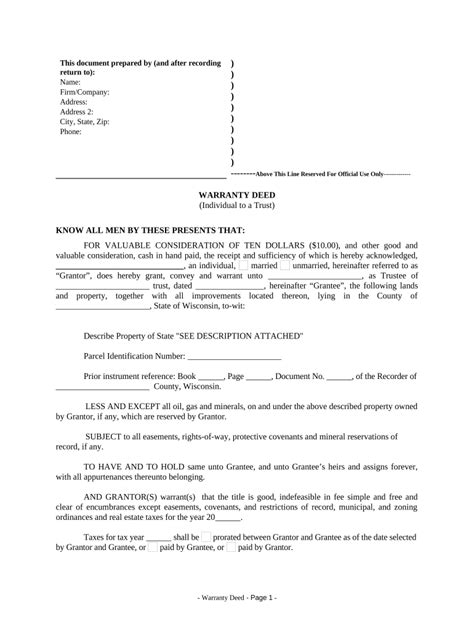 Warranty Deed From Individual To A Trust Wisconsin Form Fill Out And