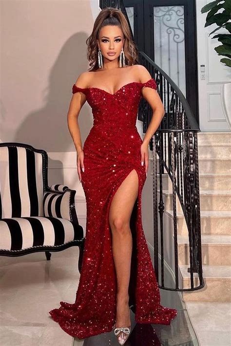 Red Off The Shoulder Sweetheart Sequins Mermaid Prom Dress With Split