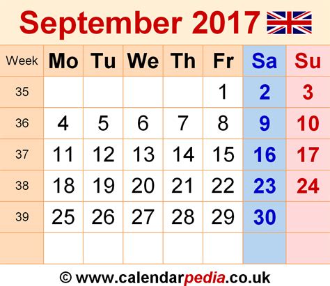 Calendar September 2017 Uk With Excel Word And Pdf Templates