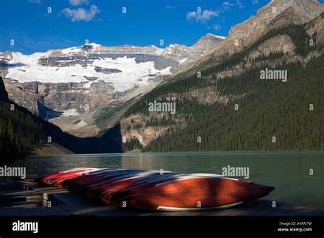 Canoes On Dock At Lake Louise In Banff National Park Alberta Canada