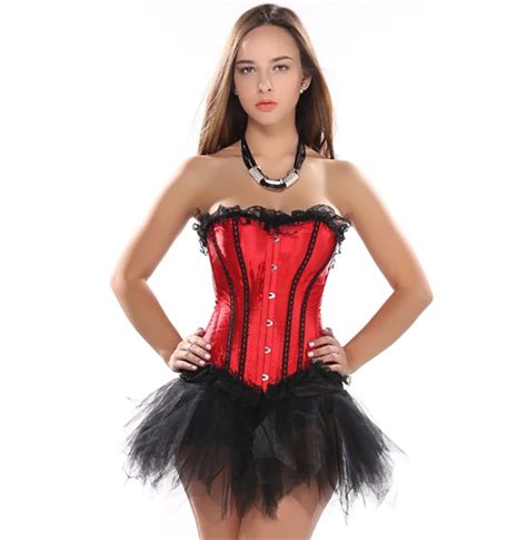 satin sext corset red lace up boned lingerie and black lace tutu skirt showgirl dance dress body