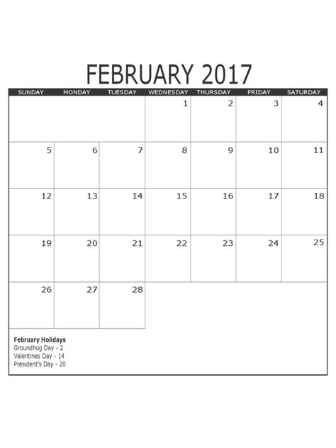 February 2017 Calendar Template Edit Fill Sign Online Handypdf