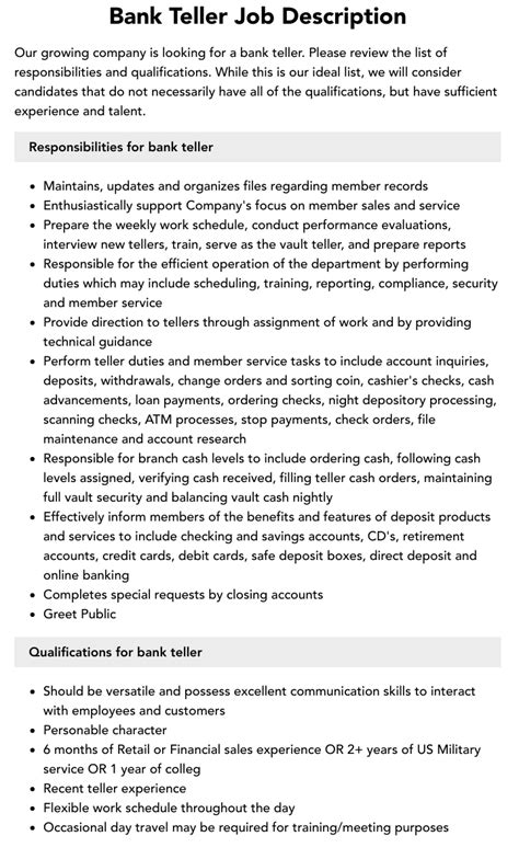 Bank Teller Job Description Velvet Jobs