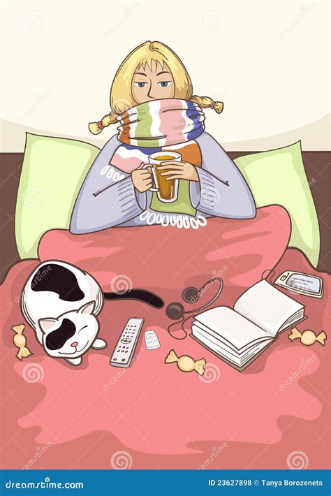 Sick Young Woman In The Bed Vector Illustration