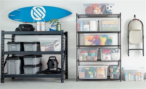 The ultimate guide to the best garage organization system for your home. Clear plastic bins store toys and other belongings on ...