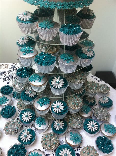 Teal And Silver Wedding Cake 80 Cupcakes — Round Wedding