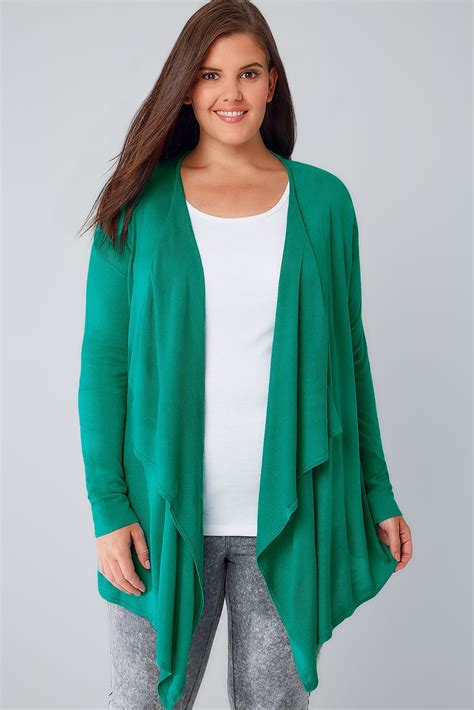 Shop from a variety of knitwear in different colours and styles. Jade Green Fine Knit Waterfall Cardigan, Plus size 16 to 36