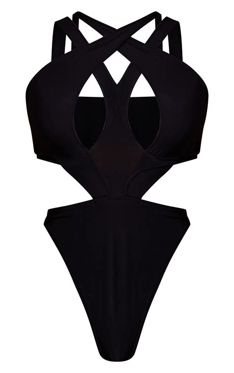 Shape Black Slinky Wrap Neck Cut Out Bodysuit Prettylittlething Qa