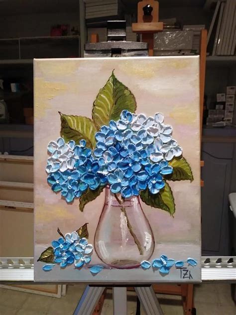 Blue Hydrangeas In A Glass Vase Original Oil Impasto Painting Etsy