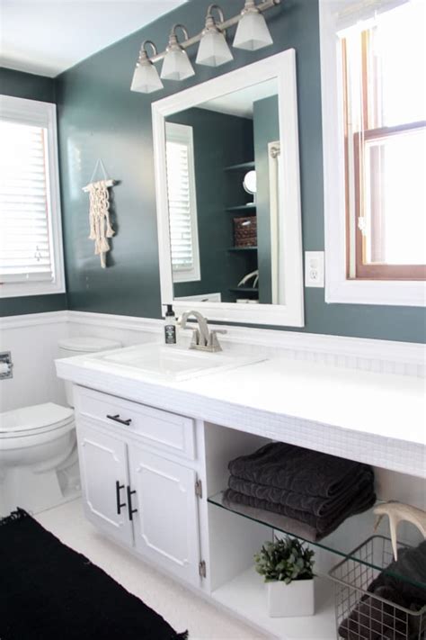 Bathroom vanity quartz countertop with white rectangular sinks and chrome faucets. How to Paint Tile Countertops and our Modern Bathroom ...