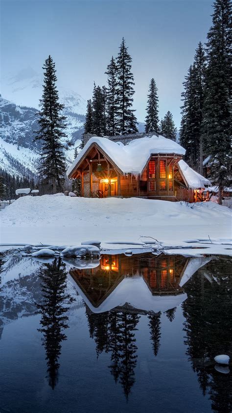 Download Wallpaper 938x1668 House Mountains Snow Lake Beautiful