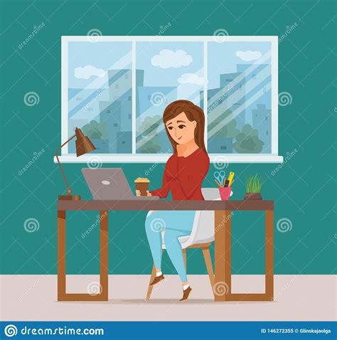 Woman Working On Computer Colorful Vector Concept Cartoon Flat Style