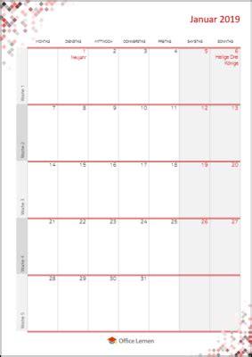 Laden sie die kalender mit feiertagen 2019 zum ausdrucken. Kostenlose Kalendervorlagen 2019 - Office-Lernen.com