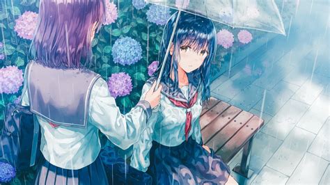 Hiten Umbrella Anime Girls Bench Black Hair Hydrangea