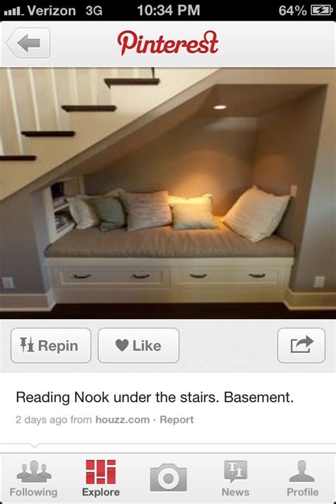 Okay, someone will eventially slam their head into those stairs, but it looks cool and does save space. For under the basement stairs | Reading nook, Bed, Home decor