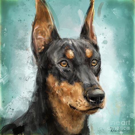 Contemporary Painting Of A Black And Gold Doberman Pinscher On Blue