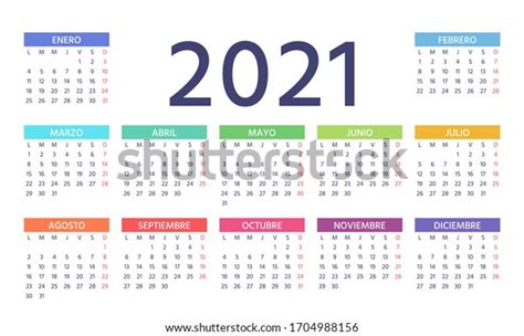 Calendario Español 2021la Semana Empieza El Lunes Vector Sencilla