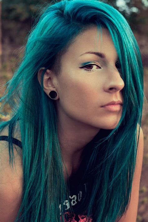 Teal Hair With Long Side Bangs Hair And Updos