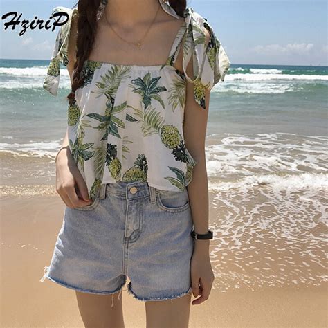 Hzirip T Shirts Women 2018 Pineappe Print Sleeveless Sling T Shirts Women Summer Style Slash