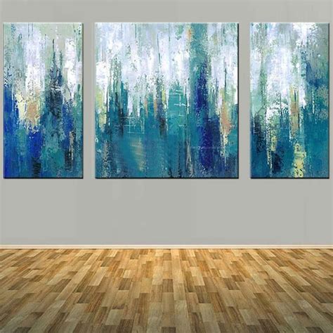 Modern Abstract Art Handmade Three Panels Blue Color Canvas Oil