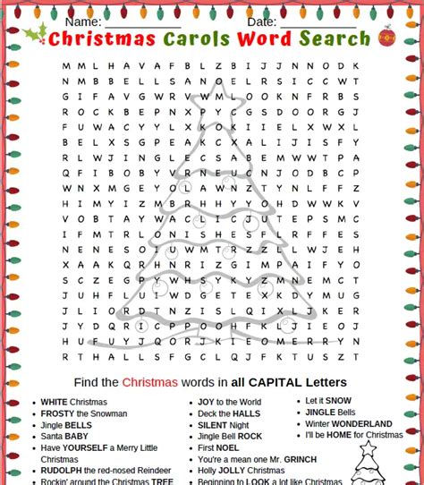 Christmas Carols Word Search Puzzle Free Printable Pdf
