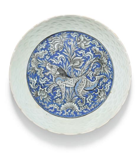 A Safavid Blue And White Pottery Dish Depicting A Lion Persia 17th