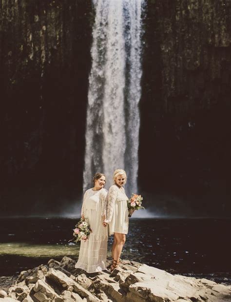 Adventure Inspired Elopement At A Waterfall Lesbian Wedding Lesbian Engagement Photos Wedding