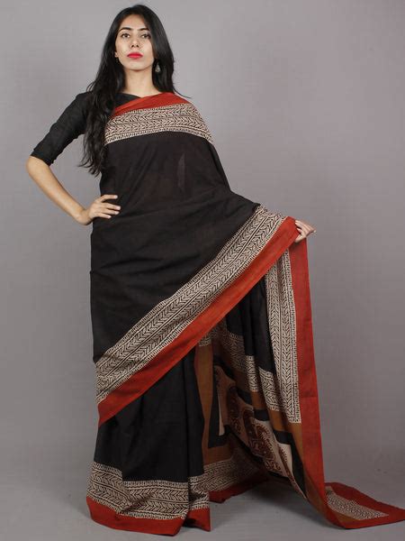 Black Maroon Beige Hand Block Painted And Printed Cotton Mul Saree S03