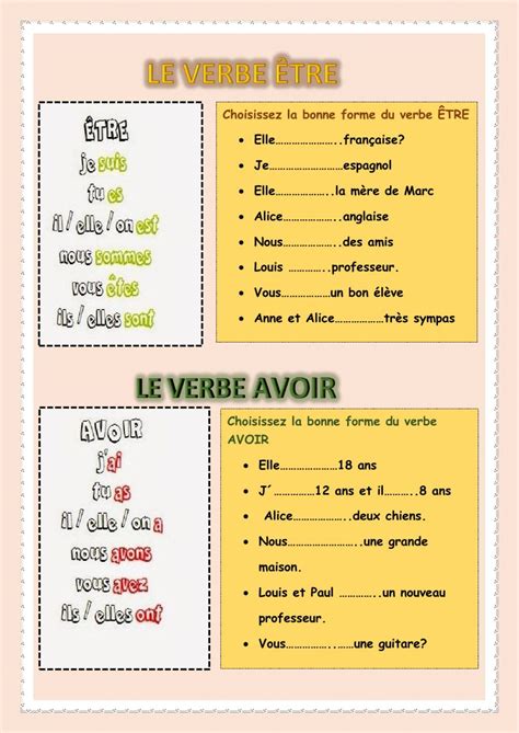 Verbe Avoir Et Tre Interactive Worksheet French Worksheets Basic