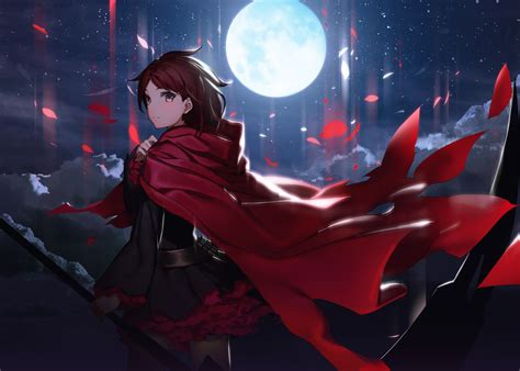 Wallpaper Ruby Rose Cape Moon Scythe Rwby Leaves Resolution