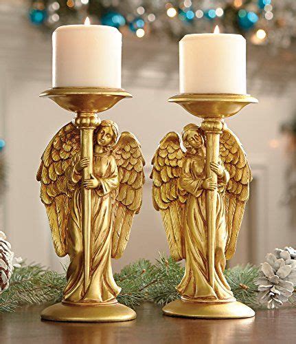 Set Of 2 Gold Guardian Nativity Angels Candle Holder Decor Table Top