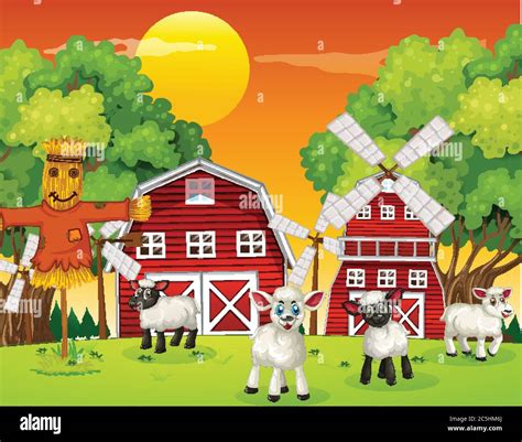 Farm Scene In Nature With Barn And Windmill And Sheeps Illustration