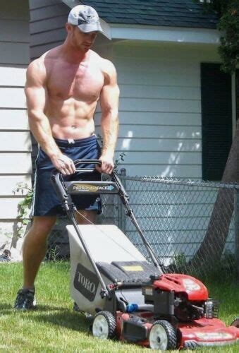 Shirtless Male Muscular Beefcake Lawn Boy Hot Dude Mowing Photo X